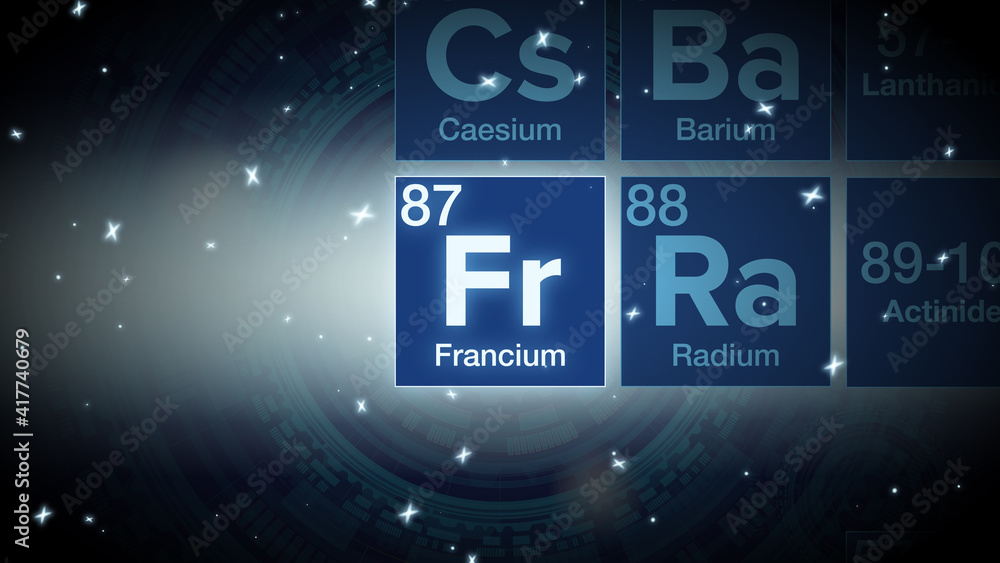 Close up of the Francium symbol in the periodic table, tech space environment. Close up of the Francium symbol in the periodic table, tech space environment.