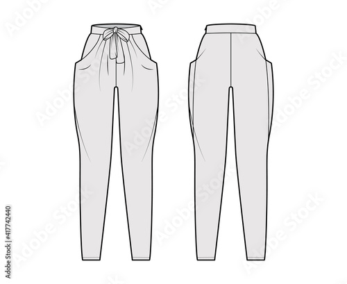 Harem pants technical fashion illustration with bow, normal waist, high rise, slash pockets, draping front, full lengths. Flat bottom apparel template back, grey color style. Women, unisex CAD mockup