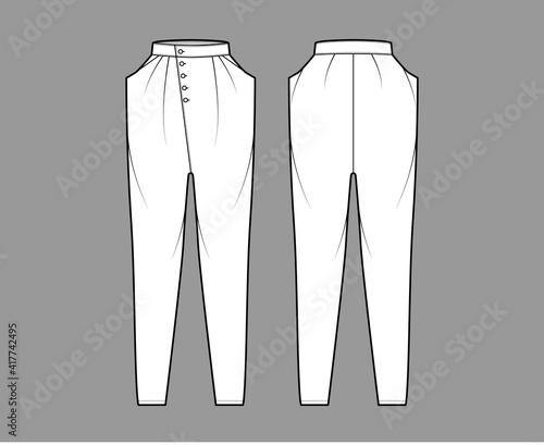 Tapered Baggy pants technical fashion illustration with normal waist, high rise, slash pockets, draping front, full lengths. Flat apparel template back, white, grey color style. Women, men, unisex CAD