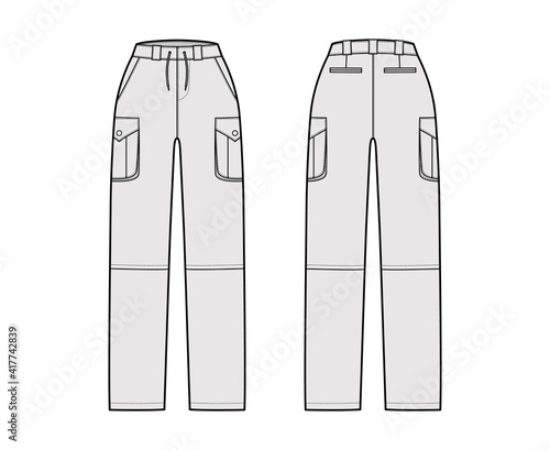 Set of Zip-off convertible pants technical fashion illustration with normal waist, high rise, cargo jetted pockets, belt loops. Flat template front back grey color style. Women, men, unisex CAD mockup