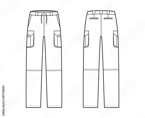 Zip-off convertible pants technical fashion illustration with low waist, high rise, box pleated cargo jetted pockets, belt loops. Flat template front back, white, color style. Women, men CAD mockup