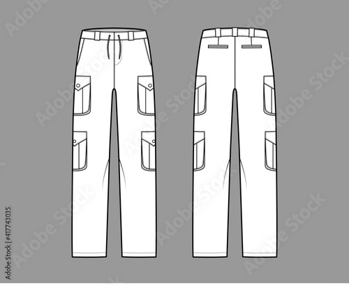 Set of cargo pants technical fashion illustration with low waist, rise, pockets, belt loops, full lengths. Flat bottom apparel template front back, white, color style. Women, men, unisex CAD mockup