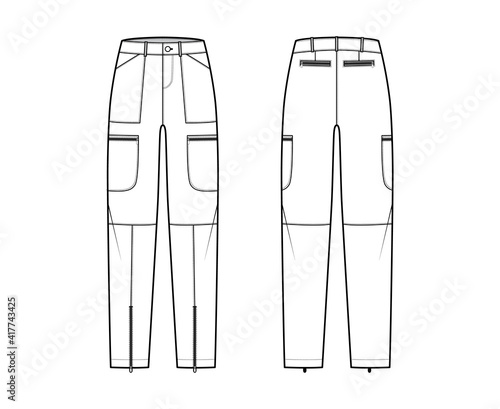 Set of Parachute pants technical fashion illustration with normal waist, rise, pockets, belt loops, full lengths. Flat bottom apparel template front back, white color style. Women, unisex CAD mockup