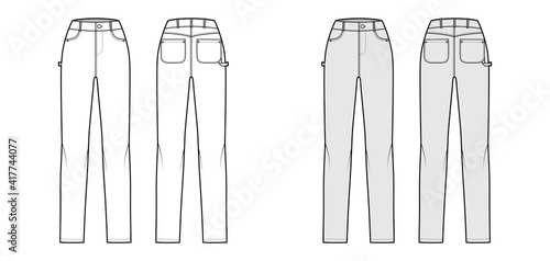 Jeans carpenter Denim pants technical fashion illustration with full length, normal waist, high rise, 5 pockets, Rivets. Flat template front back, white, grey color style. Women, men unisex CAD mockup