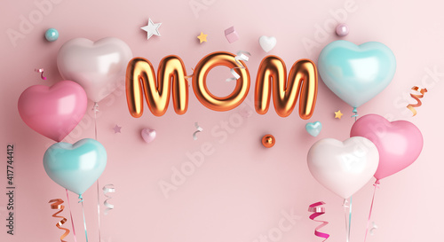 Happy mothers day decoration background with balloon  mom text  copy space text  3D rendering illustration