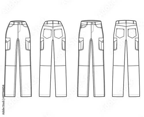 Set of Jeans cargo Denim pants technical fashion illustration with normal low waist, high rise, pockets, belt loops. Flat bottom template front back, white color style. Women, men, unisex CAD mockup