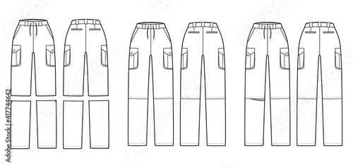 Set of Zip-off convertible pants technical fashion illustration with normal waist, high rise, box pleated cargo jetted pockets, belt loops, drawstring. Flat front back, white color. Women, CAD mockup