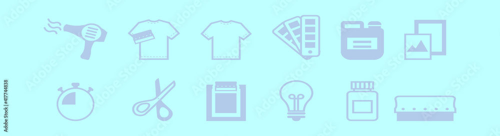 set of screen printing cartoon icon design template with various models. vector illustration isolated on blue background set of screen printing cartoon icon design template with various models. vector illustration isolated on blue background