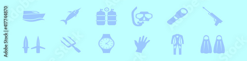 set of spearfishing cartoon icon design template with various models. vector illustration isolated on blue background