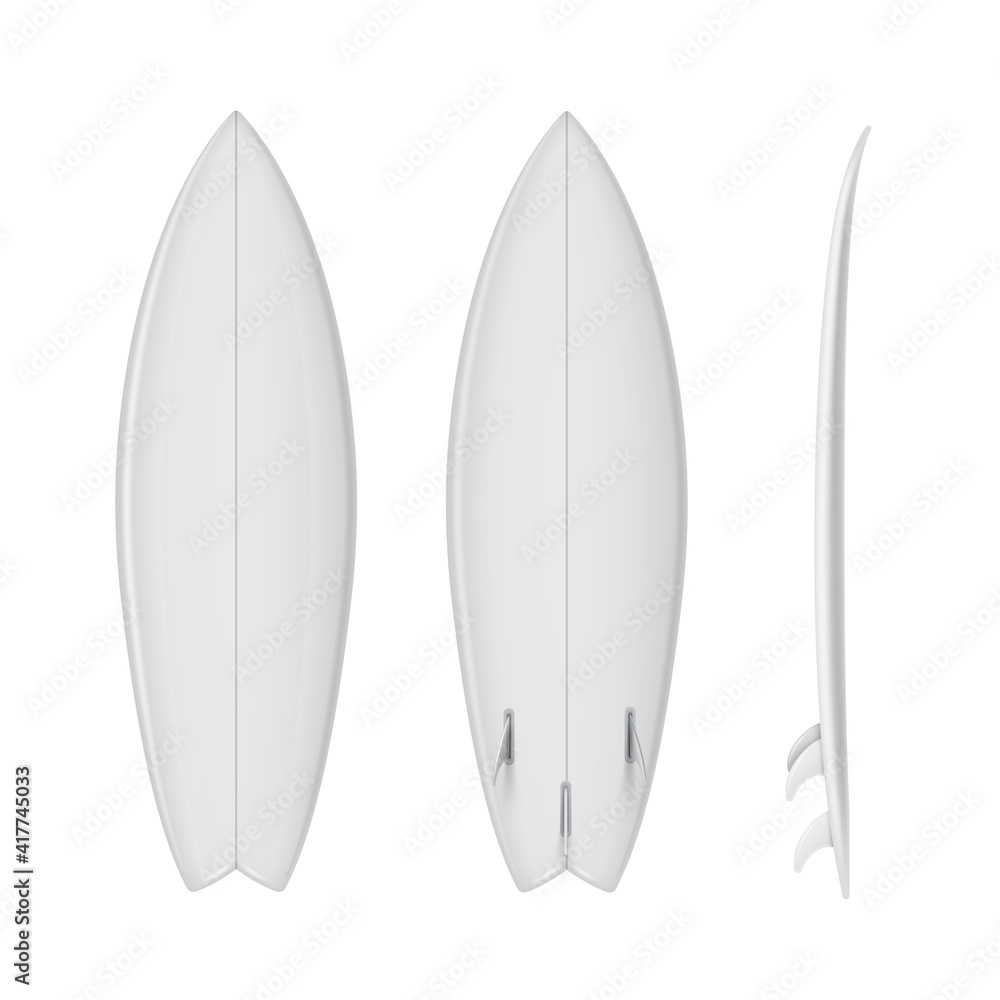 Surfboard empty realistic mockups set. Front, back, side view. Surfing narrow plank templates. Surfboard empty realistic mockups set. Front, back, side view. Surfing narrow plank templates.