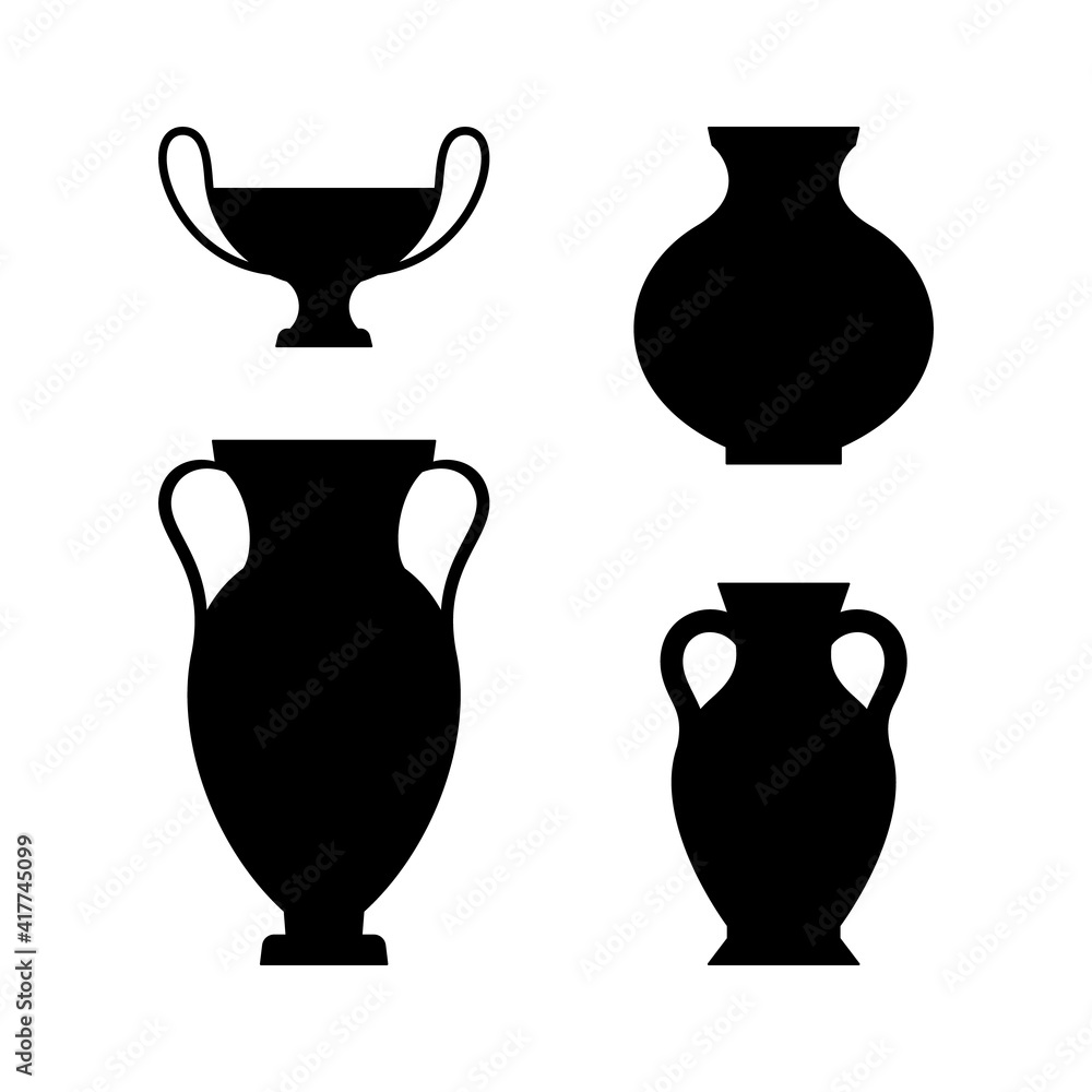 Greek Vases Black Silhouettes in A Simple Style. Vector Illustrations of various Clay Vessels for creating Patterns, Prints, Posters, Collages and more.