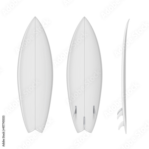 Surfboard empty realistic mockups set. Front, back, side view. Surfing narrow plank templates.