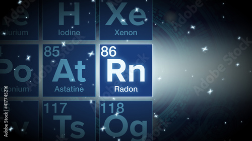 Close up of the Radon symbol in the periodic table, tech space environment.