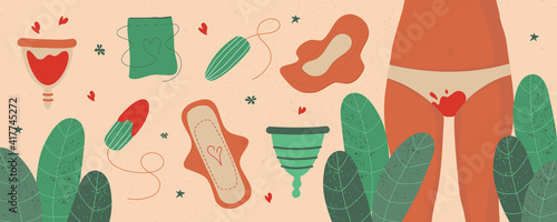 The theme of the menstrual period. Various feminine hygiene products. Zero plastic. Panties, pads, cups. Menstrual protection, feminine hygiene. Hand drawn vector illustration. Everything is isolated