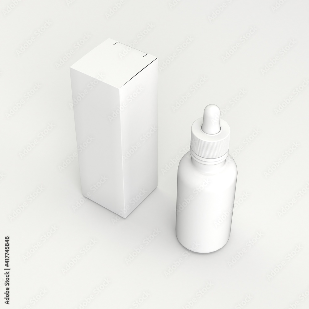 3D mock up of white dropper with box front top view 3D mock up of white dropper with box front top view