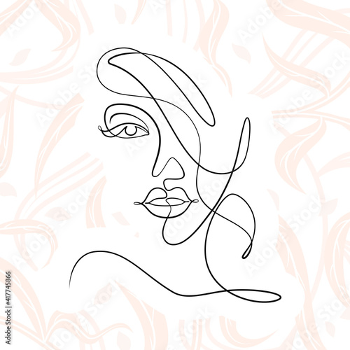 International Women's Day minimal design line drawing style. Portrait of young woman beauty face isolated on pastel leaf background. Vector for Spa, fashion, hairdressing and beautiful artwork design.