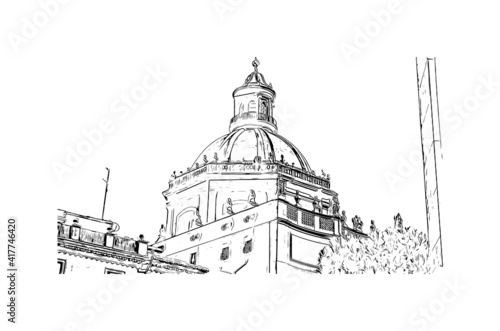 Building view with landmark of Catania is the
city in Italy. Hand drawn sketch illustration in vector.