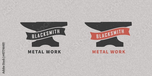 Colored illustration of anvil, ribbon, text on a background with texture. Vector illustration with grunge texture for emblem, badge, poster, label. Forge symbol. Metal works.