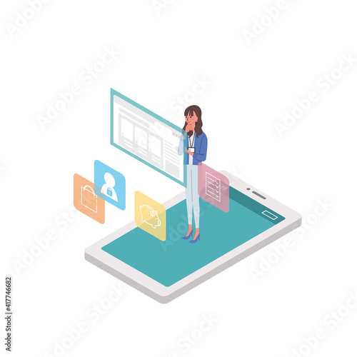 スマートフォンを操作する　イラスト　アイソメトリック
