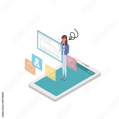 スマートフォンを操作する女性　コンセプト　イラスト　アイソメトリック
