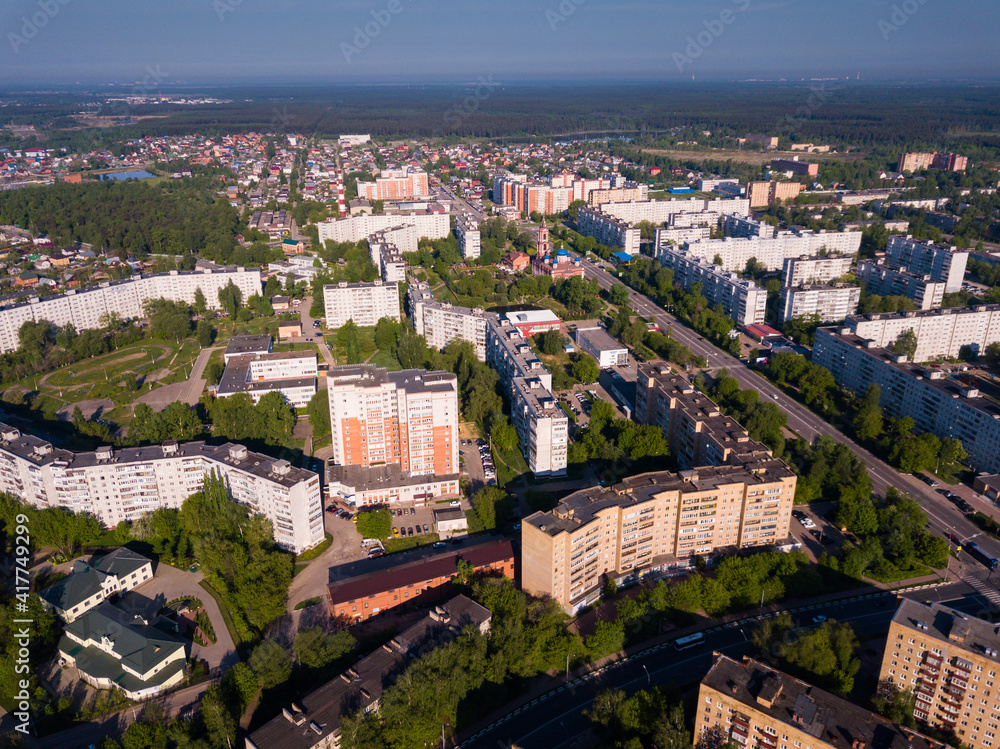 Scenic view from drone of Orekhovo-Zuyevo cityscape with Orthodox Cathedral of Nativity of Blessed Virgin, Russia
