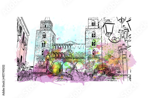 Building view with landmark of Cefalu is a coastal city in northern Italy. Watercolour splash with hand drawn sketch illustration in vector.