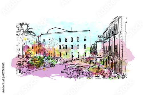Building view with landmark of Cefalu is a coastal city in northern Italy. Watercolour splash with hand drawn sketch illustration in vector.