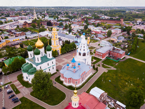 Scenic view from drone of Kolomna cityscape with architectural ensemble of ancient Kremlin on spring day, Russia