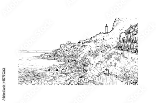 Building view with landmark of Cefalu is a coastal city in northern Italy. Hand drawn sketch illustration in vector.