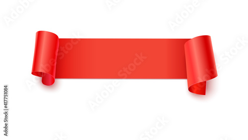 Red paper banner with curling corners. Vector 3D illustration isolated on white background