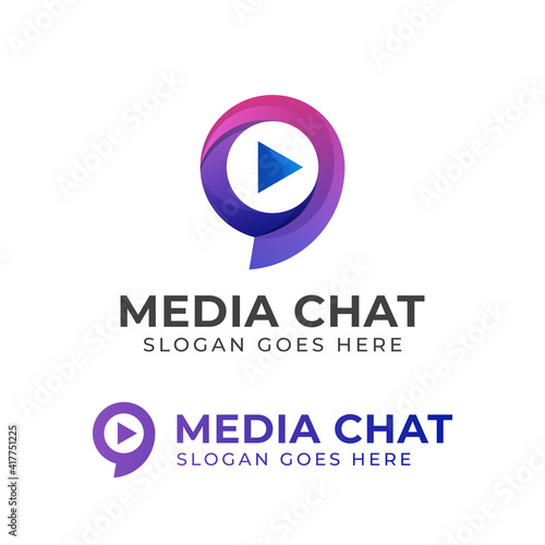creative logos of media chat or social talk with play icon, nine media studio logo design