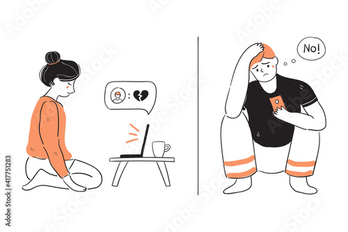 Hand drawn female and male in depression after breakup
