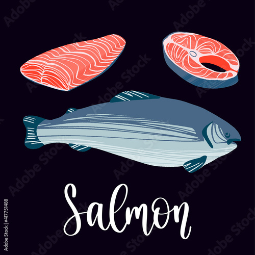 Healthy nutrition product. Salmon whole red fish, raw steaks and fillet.