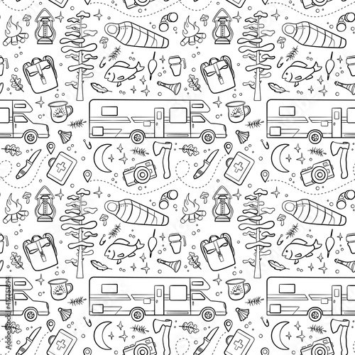 Hiking and camping seamless pattern with travel elements. Seamless pattern for design, posters, backgrounds Hiking, travel and camping. Tent, sing, campfire, map, camera, binoculars in line style.