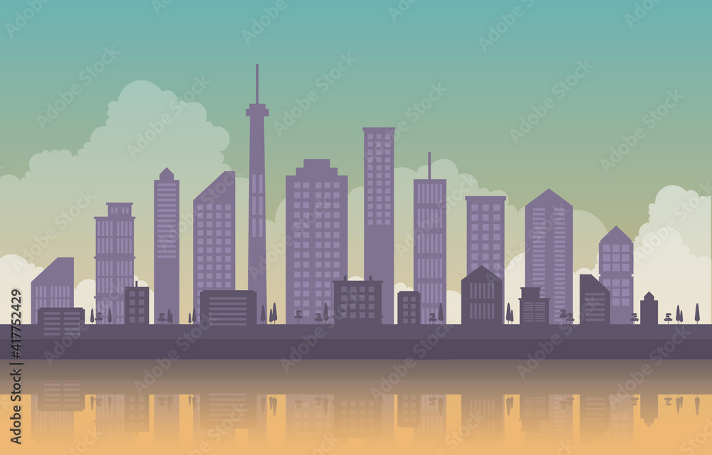 City Building Cityscape Skyline Water Reflection Business Illustration