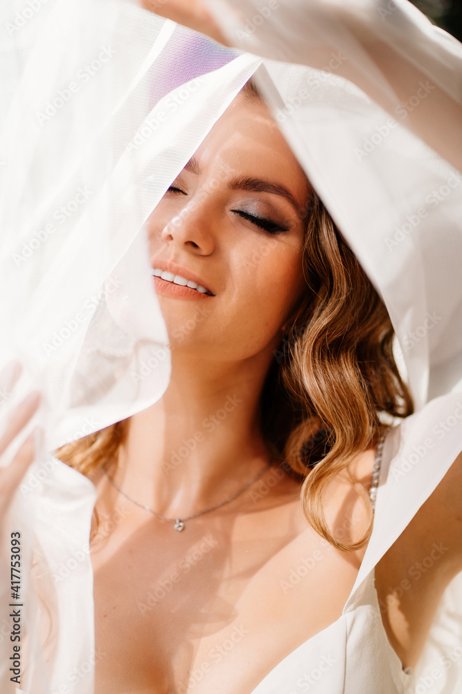 Fototapeta premium beautiful bride with long curls under the veil. delicate female portrait.