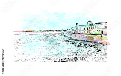 Building view with landmark of Neapolis is a city in southern Italy. Watercolour splash with hand drawn sketch illustration in vector.