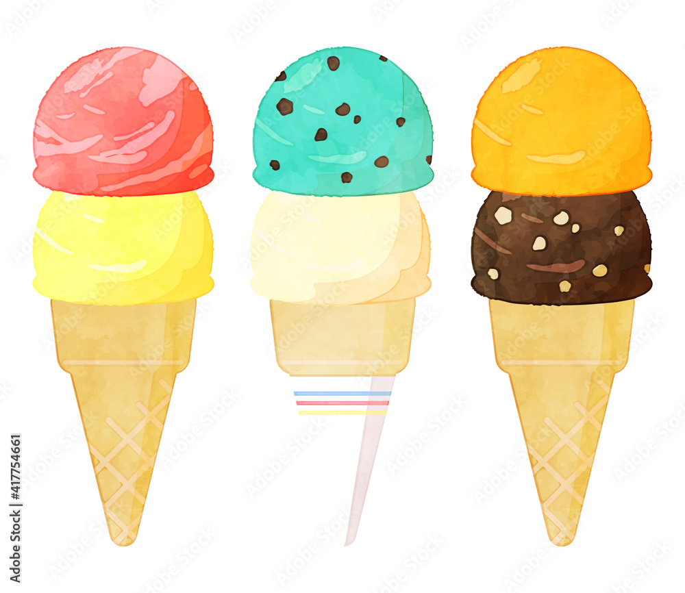 2段重ねアイスクリーム3つの水彩風イラスト Stock Vector Adobe Stock