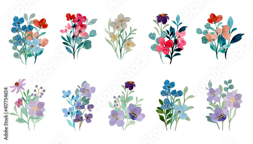 Colorful wild floral bouquet collection with watercolor