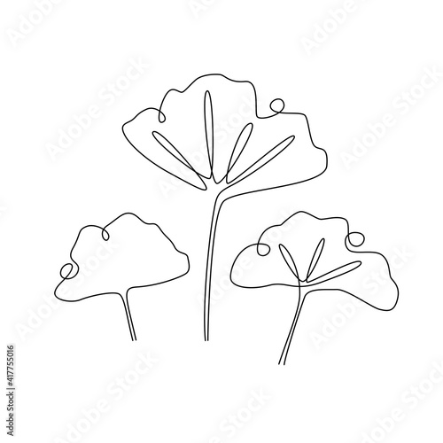 Ginkgo biloba Continuous one line drawing. Abstract botany minimalist poster. Vector illustration for badge, logo element or shirt print