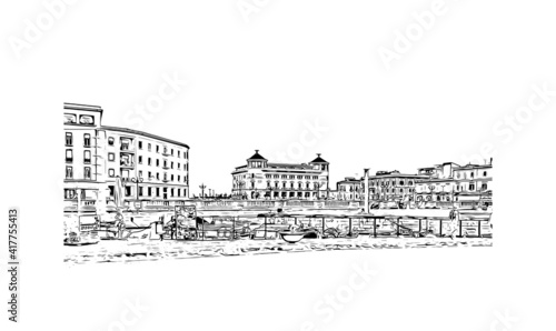 Building view with landmark of Neapolis is a city in southern Italy. Hand drawn sketch illustration in vector.