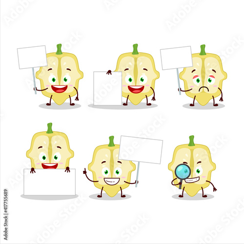 Slice of patisson cartoon character bring information board