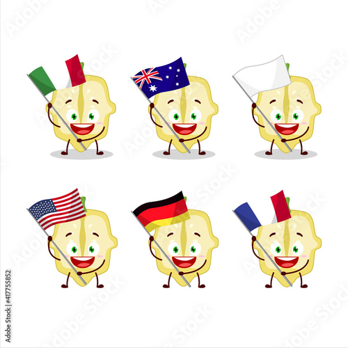 Slice of patisson cartoon character bring the flags of various countries