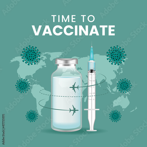 Coronavirus vaccine vector background. Covid-19 corona virus vaccination with vaccine bottle and syringe injection tool for covid-19 immunization treatment.