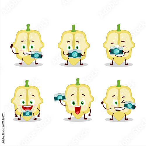 Photographer profession emoticon with slice of patisson cartoon character