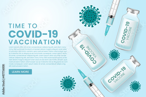 Coronavirus vaccine vector background. Covid-19 corona virus vaccination with vaccine bottle and syringe injection tool for covid-19 immunization treatment.