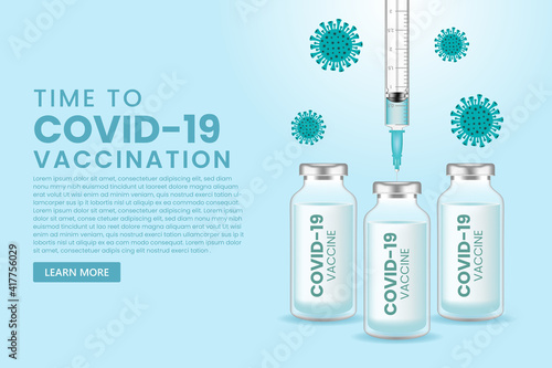 Coronavirus vaccine vector background. Covid-19 corona virus vaccination with vaccine bottle and syringe injection tool for covid-19 immunization treatment.