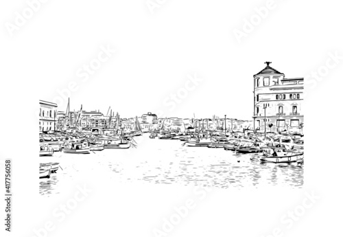 Building view with landmark of Neapolis is a city in southern Italy. Hand drawn sketch illustration in vector.
