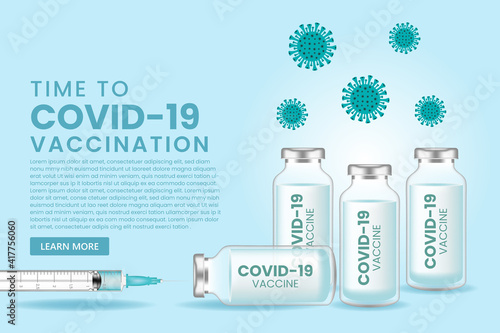 Coronavirus vaccine vector background. Covid-19 corona virus vaccination with vaccine bottle and syringe injection tool for covid-19 immunization treatment.