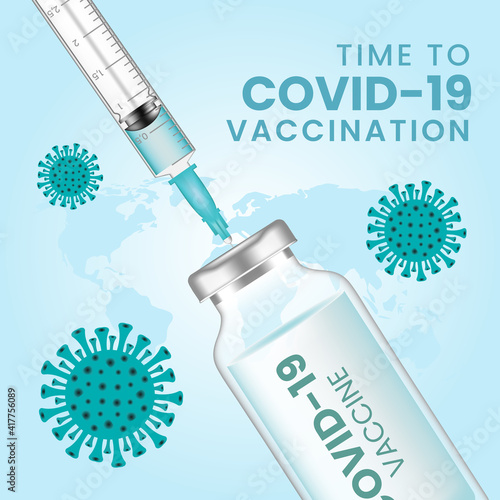Coronavirus vaccine vector background. Covid-19 corona virus vaccination with vaccine bottle and syringe injection tool for covid-19 immunization treatment.